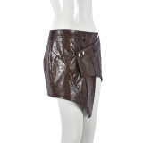 Women Sexy Fashion Retro Irregular Hollow Bodycon Pu Leather Skirt