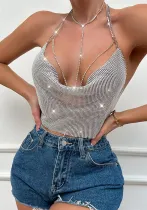 Women Sexy Chest Neck Patchwork Halter Neck Top