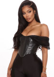 Women Sexy Mesh Sleeve Pu Leather Off Shoulder Short Sleeve Top