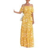 Women Off Shoulder Short Sleeve Printed Ruffle Maxi Dress