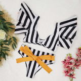 Women Striped High Waist Bikini Ruffled Lace-Up Swimsuit Two Pieces