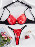 Women Embroidery Patchwork Heart Print meshSexy lingerie two-piece set