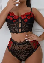 Women sexy lace flower Lace-Up Sexy lingerie two-piece set