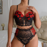 Women sexy lace flower Lace-Up Sexy lingerie two-piece set