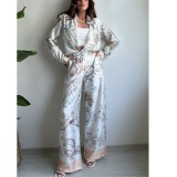 Women Spring/Summer Print Long Sleeve Top and Wide Leg Pants Two-piece Set