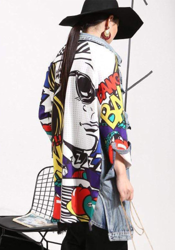 Women Fashion Graphic Loose Washed Denim Jacket