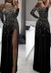 Women Gold Printed Long Sleeve High Neck Mesh Patchwork Slit Evening Dress