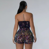 Fashionable Sequined Nightclub Strapless Zipper Party Short Jumpsuit
