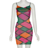 Spring Summer Sleeveless Diamond Multi-Color Straps Low Back Slim Dress
