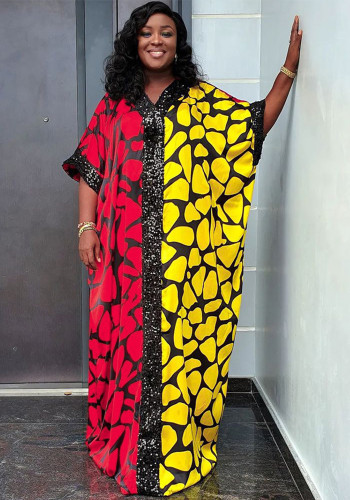 Africa Plus Size Women's Sequin Patchwork Printed Loose Dress