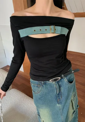 Patchwork Denim Off-Shoulder Knitting Slim T-Shirt Top