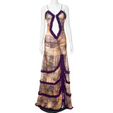 Women's Straps Hollow Gathered Lace Slit Dress