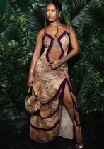 Women's Straps Hollow Gathered Lace Slit Dress