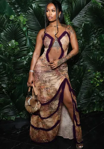 Women's Straps Hollow Gathered Lace Slit Dress