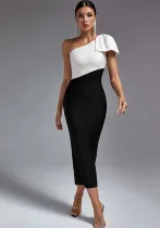 Women's Summer Chic Black And White Slash Shoulder Bow Slit Dress