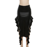 Women Sexy Slit Ruffle Bodycon Pu-Leather Skirt