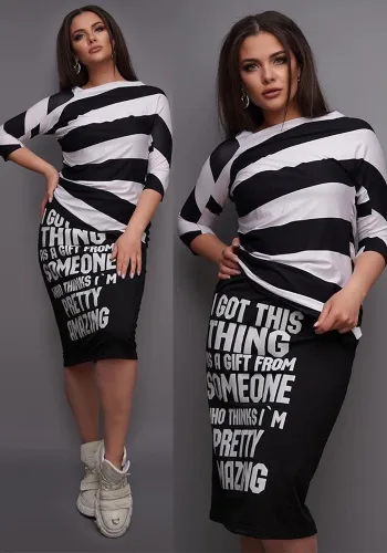 Women Sexy Striped Print Off Shoulder Short Sleeve Slit Dress