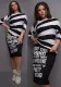 Women Sexy Striped Print Off Shoulder Short Sleeve Slit Dress