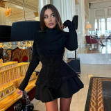 Women Sequin Patchwork Little Black Dress Mini Dress