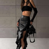 Women Sexy Slit Ruffle Bodycon Pu-Leather Skirt