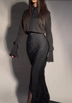 Women Solid Long Sleeve Shirt Beaded Slit Bodycon Skirt Two-piece Set