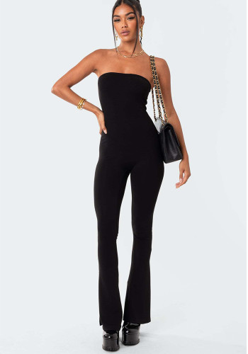 Sexy Tight Fitting Strapless Solid Color Jumpsuit