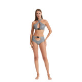 Sexy Hollow Reflective Bikini Two Pieces Halter Neck Swimsuit