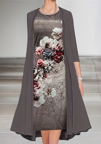 Stylish Elegant Suit Chic Print Round Neck Sleeveless Dress Jacket Two Piece Set