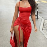 Women's Sexy Low Back Pleated Slit Slim Solid Color Strap Dress