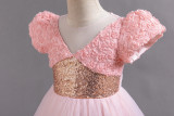 Girls short sleeve sequined mesh princess dress birthday party dress