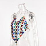 Women Contrast Color Heart Print Acrylic Halter Neck Backless Top
