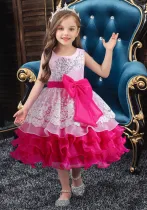 Girls bow flower girl wedding dress evening dress birthday party puffy dress