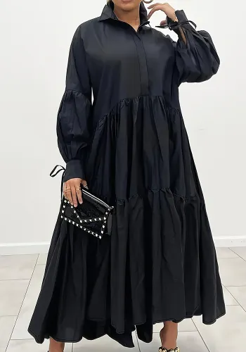 Women Vintage Loose Lace-Up Long Sleeve Button-Up Shirt Dress Does Not Include Belt
