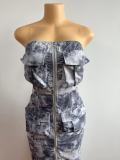 Women Tie Dye Strapless Sleeveless Pocket Bodycon Zipper Slit Dress