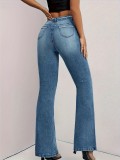 Women American Contrast Color High Waist Patchwork Raw Edge Pockets Style Denim Pants Jeans