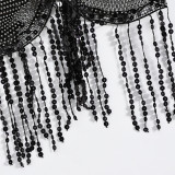 Women Fishnet Rhinestone Sexy Crop Top Women Tassel Beads Metal Chain Straps