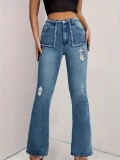 Women American Contrast Color High Waist Patchwork Raw Edge Pockets Style Denim Pants Jeans