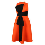 Contrast Color Bow-Decorated A-Line Fashion Career Formal Party Dress