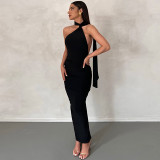 Scarf Halter Sleeveless Low Back Sexy Tight Fitting Pleated Bodycon Dress