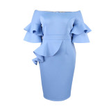 Off Shoulder Ruffle Sleeve Bodycon Formal Party Dress