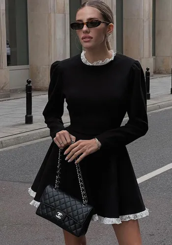 Chic Slim Contrast Color Ruffle Edge Long Sleeve A-Line Black Dress