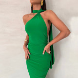 Scarf Halter Sleeveless Low Back Sexy Tight Fitting Pleated Bodycon Dress