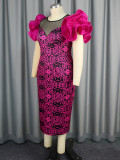 See-Through Mesh Patchwork Elegant Chic Petal Sleeve Printed Party Dress