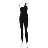 Summer Women's Solid Color Tight Fitting One Shoulder Strap Sports Fitness Jumpsuit