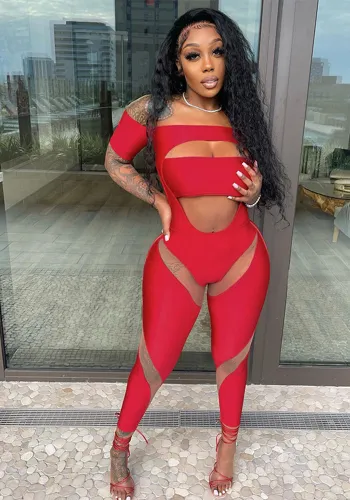 Women's Fashion Sexy Hollow Off Shoulder Tight Fitting Short Sleeve High Waist Casual Jumpsuit