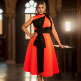 Contrast Color Bow-Decorated A-Line Fashion Career Formal Party Dress