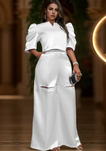 Solid Color Pleated Sleeves Top High Waist Wide Leg Pants Two-Piece Set