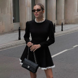 Chic Slim Contrast Color Ruffle Edge Long Sleeve A-Line Black Dress