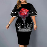 Women's Fashion Casual Digital Printing Ruffle Sleeve Plus Size Dress