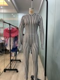 Striped Mesh Patchwork Casual Sexy Stretch Jumpsuit